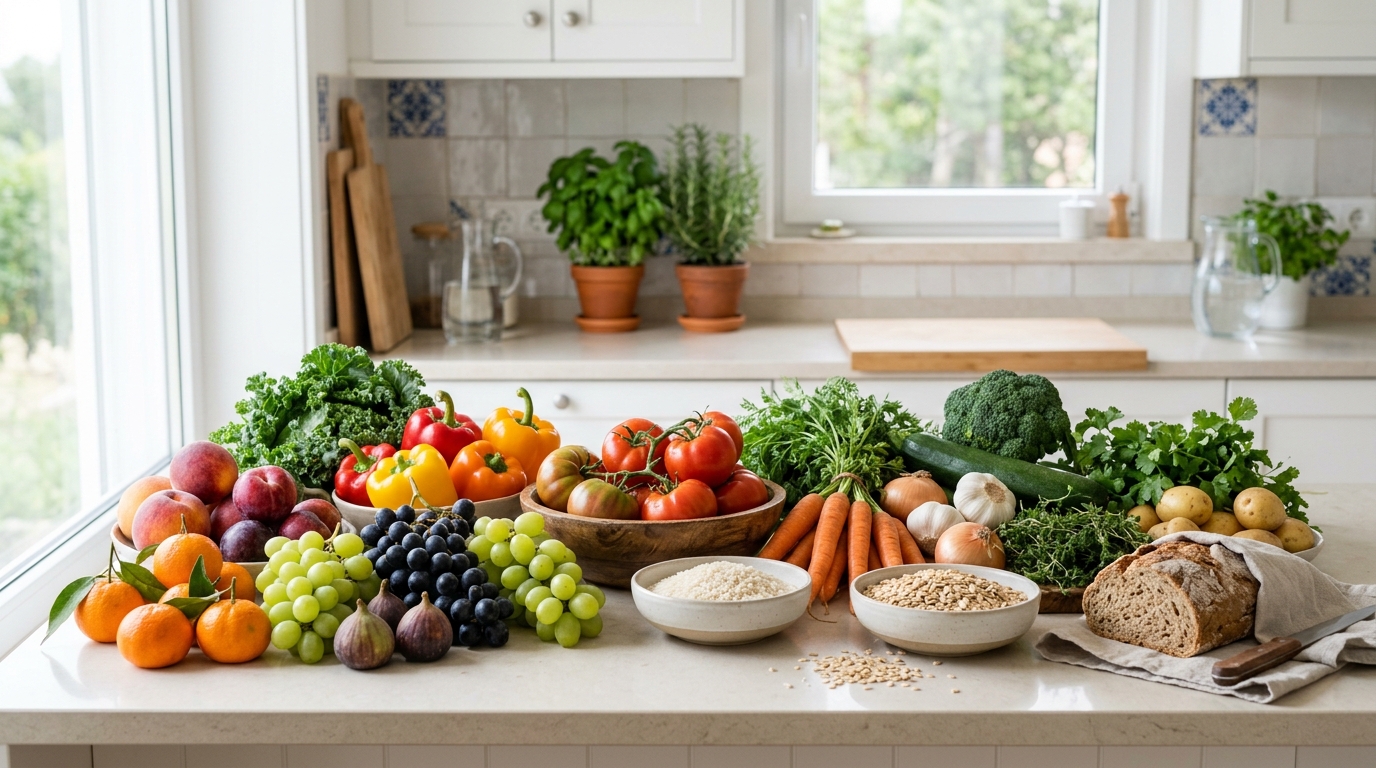 Variedade de legumes, fruta e cereais frescos dispostos sobre uma bancada de cozinha