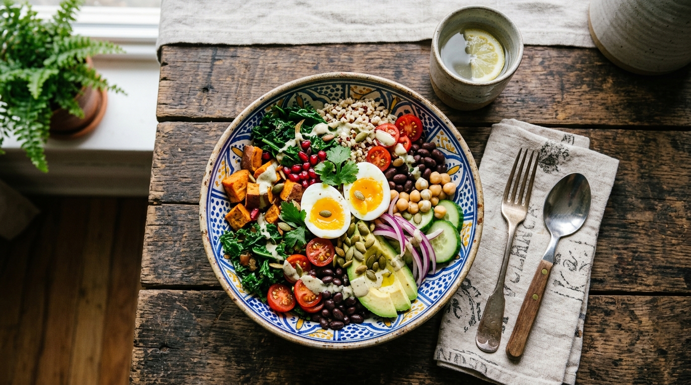 Tigela colorida com legumes, cereais e fruta fresca pronta a servir