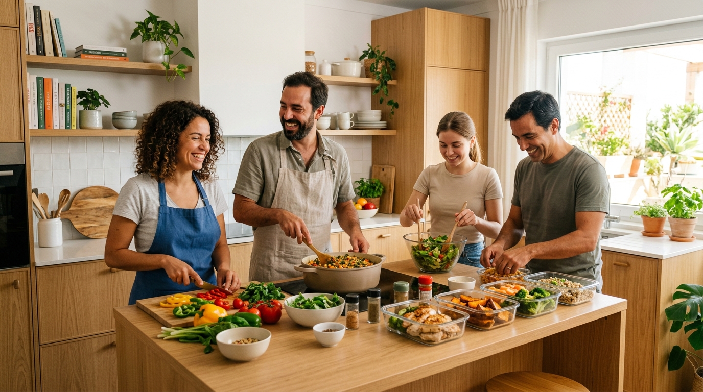 Equipa do healthyhabitsdaily a preparar e organizar refeições numa cozinha luminosa
